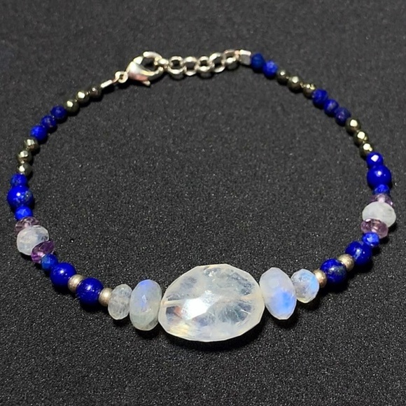 Hand Made Moonstone Lapis Charm Bracelet - Picture 1 of 3